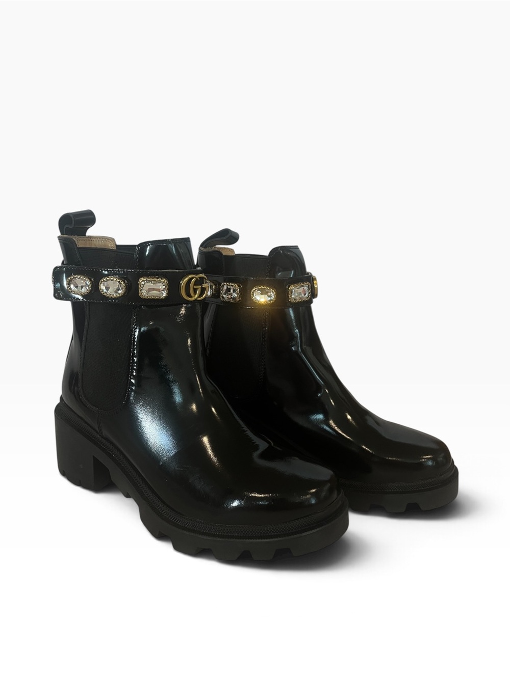 Gucci Women’s Black Patent Leather Chelsea Ankle Boots Crystal GG Lug Sole